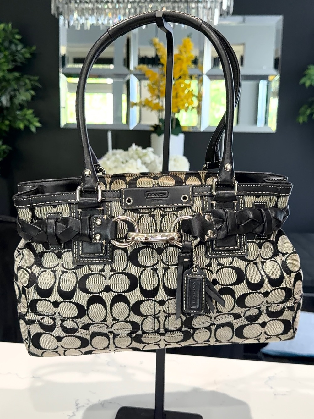 Coach Black and Cream Signature Shoulder Tote with Braided Trim